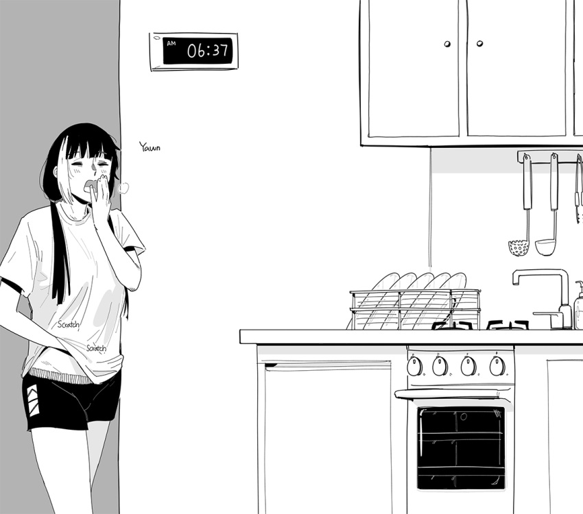 1girl cabinet character_request covering_mouth dishes faucet girls_frontline greyscale hand_over_own_mouth hand_under_clothes hand_under_shirt huqu indoors ladle low_twintails monochrome multicolored_hair open_mouth oven ro635_(girls'_frontline) shirt short_shorts short_sleeves shorts sink solo streaked_hair timestamp twintails yawning