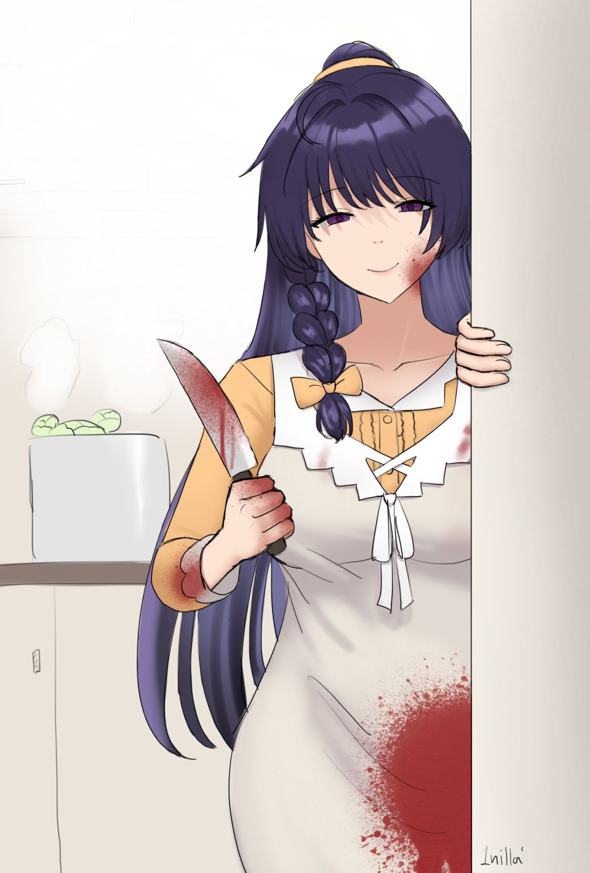 1girl 1nilla' apron bangs blood blood_on_clothes blood_on_face blood_on_hands braid cabbage closed_mouth hair_ribbon half-closed_eyes highres holding holding_knife honkai_(series) honkai_impact_3rd kitchen knife long_hair long_sleeves looking_at_viewer orange_shirt pot purple_hair raiden_mei ribbon shirt smile solo violet_eyes yandere