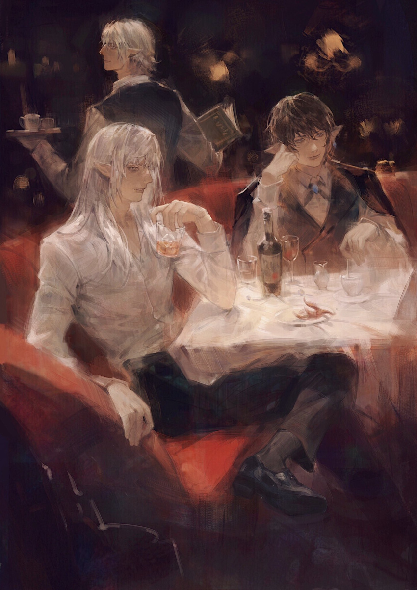 3boys aymeric_de_borel bangs black_coat black_footwear black_hair black_pants black_vest bottle coat collared_shirt couch crossed_legs cup drinking_glass earrings elezen elf estinien_wyrmblood final_fantasy final_fantasy_xiv formal grey_eyes hand_on_own_cheek hand_on_own_face haurchefant_greystone highres holding holding_cup holding_tray indoors jewelry leaning_on_table long_hair long_sleeves looking_back looking_to_the_side male_focus menu multiple_boys pants plate pointy_ears shirt short_hair sitting smile suit sukiri table tablecloth tray vest waiter white_hair white_shirt wine_bottle wine_glass