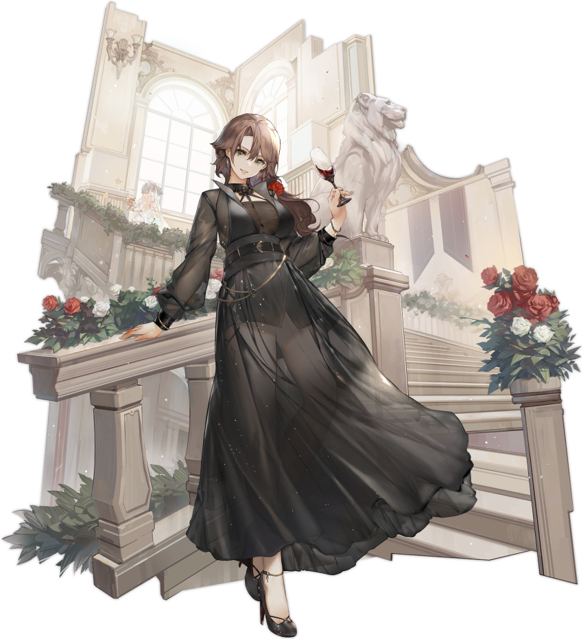 1girl alcohol azur_lane black_dress black_footwear brown_hair cup dress drinking_glass exeter_(azur_lane) exeter_(glory_goes_along_with_the_celebration)_(azur_lane) flower green_eyes hair_flower hair_ornament high_heels highres holding holding_cup long_hair looking_at_viewer mkiiiiii official_alternate_costume official_art parted_lips see-through see-through_dress standing transparent_background wine_glass