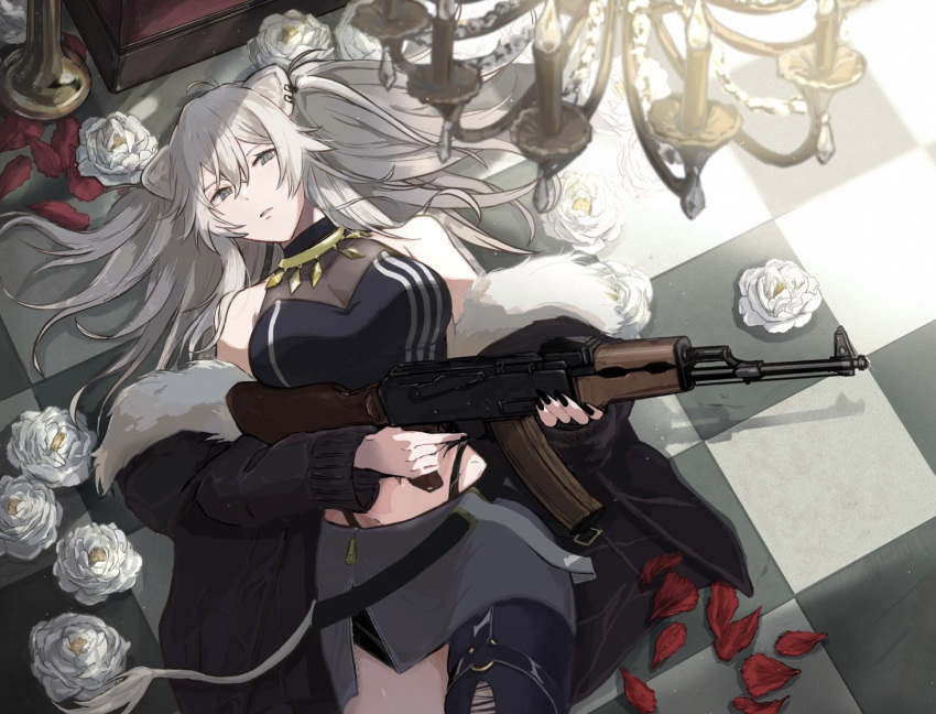 1girl ak-47 animal_ears assault_rifle breasts chandelier checkered checkered_floor flower fur-trimmed_jacket fur_trim grey_eyes grey_hair gun hololive jacket kalashnikov_rifle large_breasts lion_ears lion_tail long_hair lying midriff miniskirt on_back rifle shishiro_botan skirt tail umeo_(um_eoji) virtual_youtuber weapon