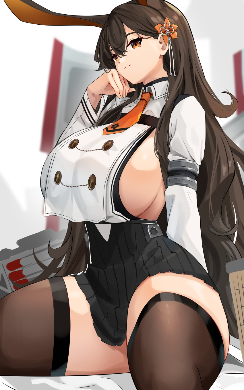 1girl absurdres animal_ears azur_lane bangs black_hair black_legwear black_skirt braid breast_curtain breasts brown_eyes chikuma_(azur_lane) closed_mouth collared_shirt cowboy_shot cromwellb crossed_bangs earrings english_commentary flower hair_between_eyes hair_flower hair_ornament hand_on_own_face hand_up high-waist_skirt highres jewelry large_breasts long_hair long_sleeves looking_at_viewer mole mole_under_mouth necktie orange_neckwear pleated_skirt rabbit_ears shirt sideboob sitting skirt smile solo thick_thighs thigh-highs thighs very_long_hair white_shirt zettai_ryouiki
