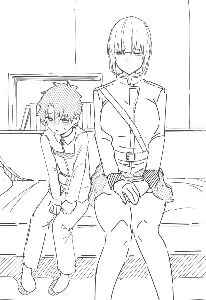 1boy 1girl belt blush book breasts chaldea_uniform closed_mouth commentary_request eyebrows_visible_through_hair florence_nightingale_(fate) fujimaru_ritsuka_(male) greyscale highres large_breasts manno_(kanpi2100) monochrome own_hands_together sidelocks sitting sketch skirt sweat younger