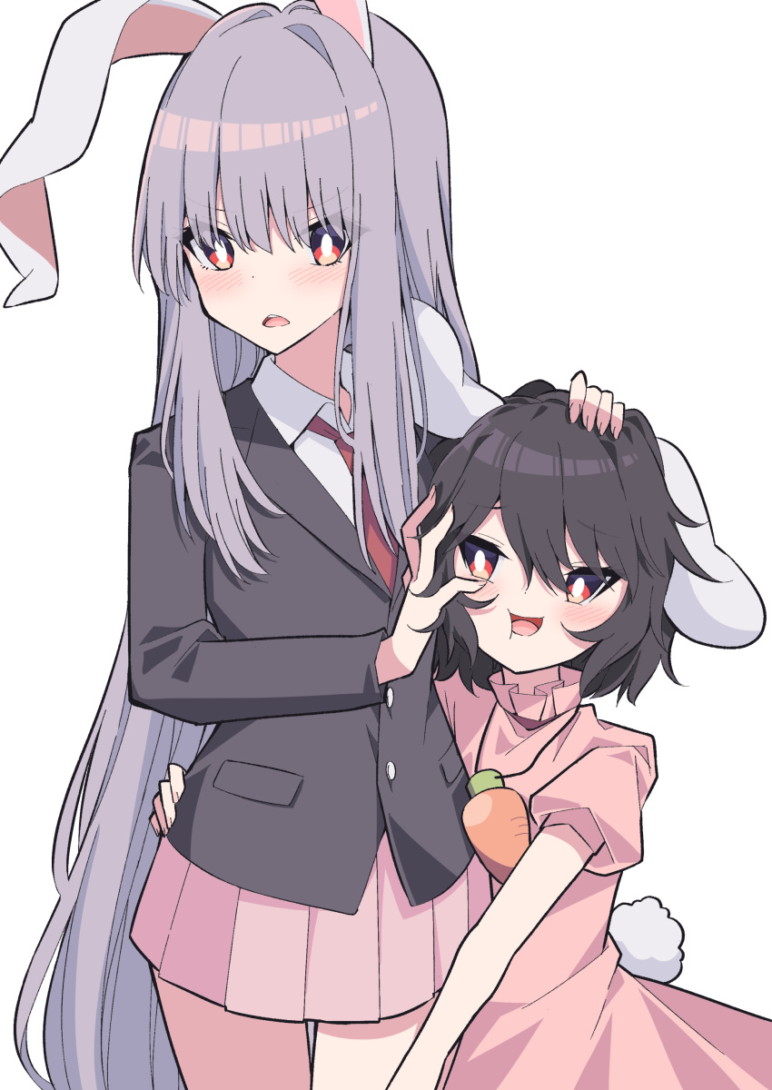 2girls absurdres animal_ears arms_up bangs belt black_hair blazer blush bright_pupils carrot_necklace collar collared_shirt cropped_legs dress eyebrows_visible_through_hair hair_between_eyes hand_on_another's_face hands_up height_difference highres hug inaba_tewi jacket light_purple_hair long_hair long_sleeves looking_at_viewer multiple_girls necktie open_mouth pink_dress pleated_skirt puffy_short_sleeves puffy_sleeves purple_hair rabbit_ears rabbit_tail red_belt red_neckwear red_skirt reisen_udongein_inaba shirt short_hair short_sleeves simple_background skirt smile standing tail touhou tsukimirin white_background white_pupils white_shirt
