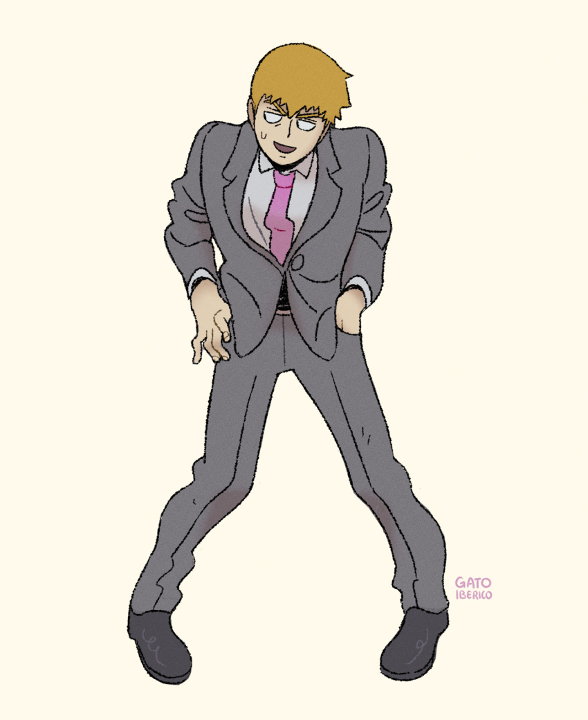 1boy artist_name black_footwear blonde_hair collared_shirt commentary english_commentary full_body gatoiberico grey_jacket grey_pants grey_suit hand_in_pocket highres jacket long_sleeves looking_to_the_side male_focus mob_psycho_100 necktie open_mouth pants purple_necktie reigen_arataka shirt shoes short_hair simple_background smile solo standing suit