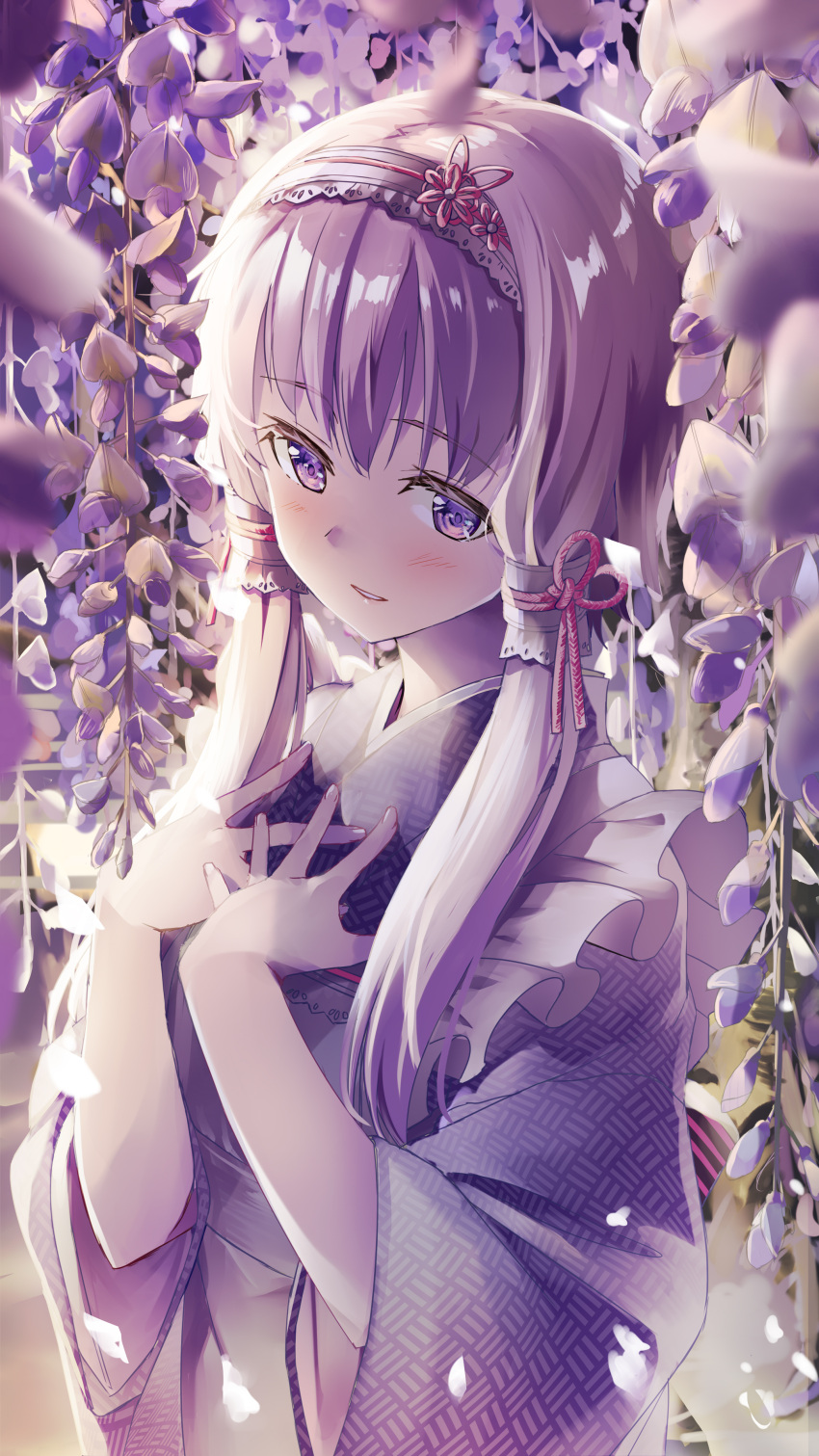 1girl absurdres apron bangs blush daidou_(demitasse) eyebrows_visible_through_hair flower frilled_apron frills hair_ornament hair_tie hands_on_own_chest highres japanese_clothes kimono looking_at_viewer maid_headdress plant purple_flower purple_hair purple_kimono shiny shiny_hair short_hair_with_long_locks solo upper_body vines violet_eyes voiceroid wa_maid wide_sleeves wisteria yuzuki_yukari