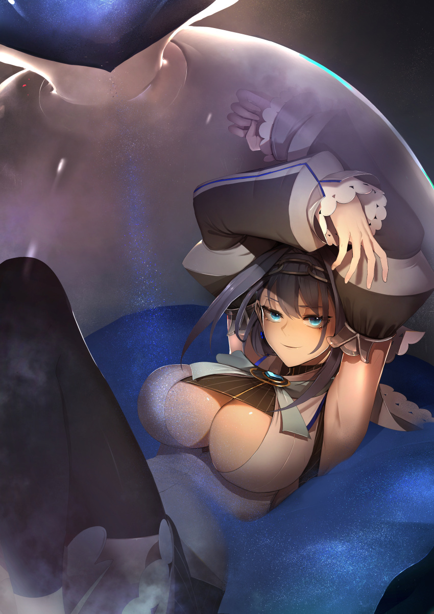 1girl absurdres arms_up blue_eyes blue_hair breasts detached_sleeves highres hololive hololive_english hourglass huge_filesize large_breasts lordroach lying on_back ouro_kronii sand thigh-highs virtual_youtuber