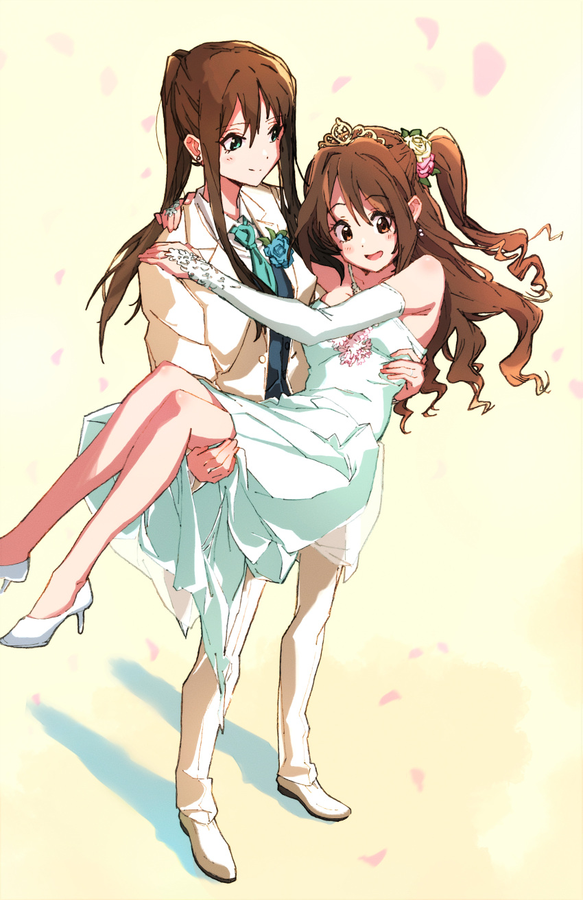 2girls absurdres aqua_eyes bare_shoulders bloom_into_me15 blush breasts bridal_gauntlets brown_eyes brown_hair carrying closed_mouth commentary_request dress earrings green_neckwear high_heels highres idolmaster idolmaster_cinderella_girls idolmaster_cinderella_girls_starlight_stage jacket jewelry long_hair medium_breasts multiple_girls necktie one_side_up open_mouth pants ponytail princess_carry shibuya_rin shimamura_uzuki shoes sleeveless sleeveless_dress smile tiara white_dress white_footwear white_jacket white_pants