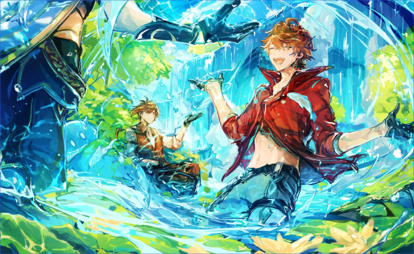 3boys aether_(genshin_impact) ahoge ayano_(katou) bangs black_gloves brown_vest closed_eyes closed_mouth day earrings flower genshin_impact gloves hair_between_eyes highres jewelry long_hair male_focus mask mask_on_head multiple_boys open_mouth orange_hair outdoors pants partially_submerged red_shirt shirt single_earring sitting slime_(genshin_impact) standing tartaglia_(genshin_impact) vest vision_(genshin_impact) water waterfall yellow_flower zhongli_(genshin_impact)