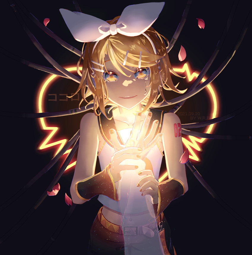 1boy 1girl android arm_warmers bangs bare_shoulders belt black_background black_collar blonde_hair blue_eyes bow cable collar collarbone commentary cropped_shirt crying crying_with_eyes_open glowing hair_bow hair_ornament hairclip hand_on_another's_chest holding_another's_arm kagamine_rin kokoro_(vocaloid) looking_at_viewer midriff nail_polish navel neckerchief out_of_frame petals pov pov_hands sailor_collar school_uniform shirt short_hair shoulder_tattoo sleeveless sleeveless_shirt smile song_name swept_bangs tattoo tears translated vocaloid w.r.b white_bow white_shirt yellow_nails yellow_neckwear