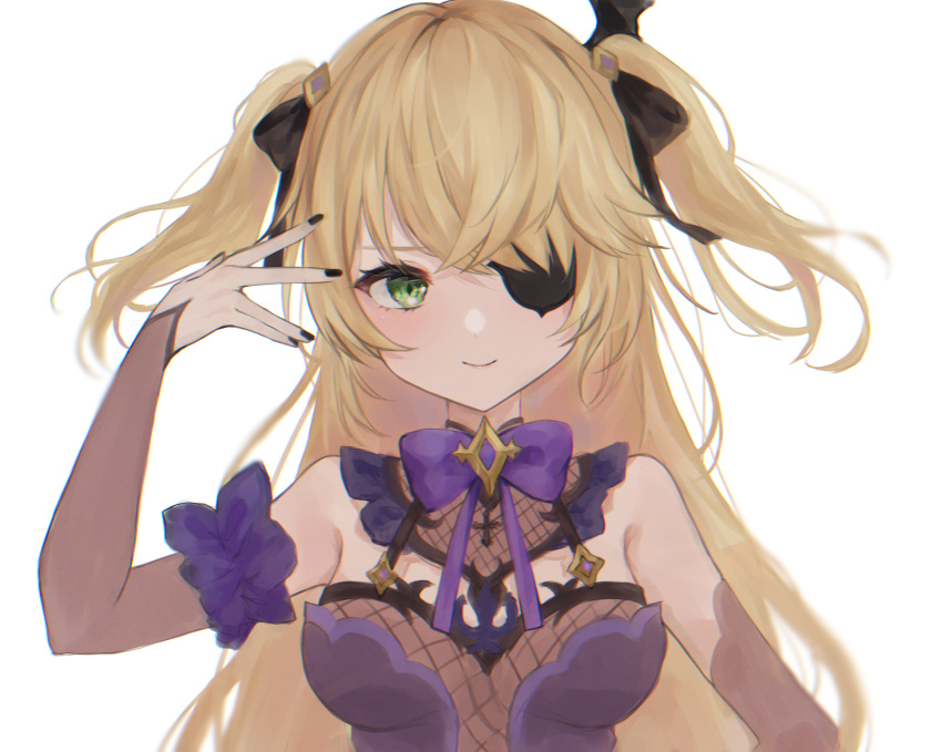 1girl bangs black_nails black_ribbon blonde_hair bow bowtie breasts crossed_bangs eyepatch fischl_(genshin_impact) fishnets genshin_impact green_eyes hair_between_eyes hair_ribbon highres leotard long_hair maguro_(minase1684) medium_breasts nail_polish purple_bow purple_leotard ribbon simple_background smile solo two_side_up upper_body white_background