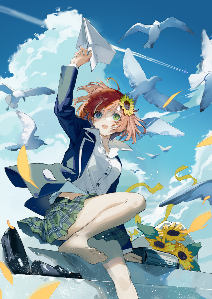 1girl ahoge aircraft airplane arm_up bare_legs barefoot bird black_footwear blazer blue_jacket blue_sky breasts clouds cloudy_sky collared_shirt commentary condensation_trail day dress_shirt floating_hair flower foot_out_of_frame green_eyes green_skirt hair_between_eyes hair_flower hair_ornament highres holding_paper_airplane honma_himawari jacket loafers long_sleeves looking_up lowro_(en) medium_breasts miniskirt nijisanji open_clothes open_jacket open_mouth orange_hair outdoors paper_airplane plaid plaid_skirt pleated_skirt ribbon shirt shoes shoes_removed short_hair skirt sky smile solo sunflower uniform virtual_youtuber white_shirt wind wind_lift yellow_ribbon