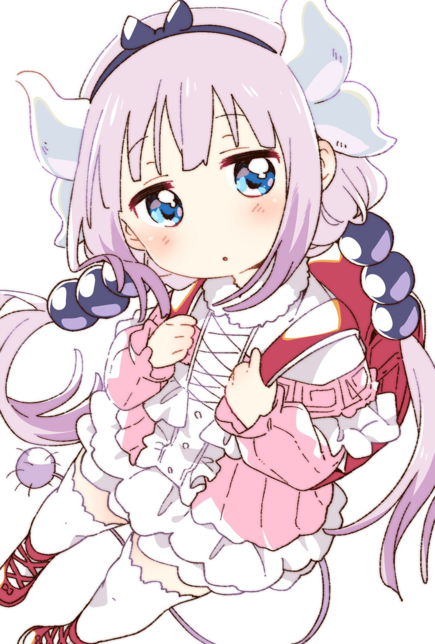 1girl backpack bag bangs beads blue_eyes dragon_girl dragon_horns dress eyebrows_visible_through_hair hair_beads hair_ornament hairband highres horns kanna_kamui kobayashi-san_chi_no_maidragon light_purple_hair long_hair looking_at_viewer low_twintails namori open_mouth pink_hair randoseru simple_background solo tail twintails white_legwear