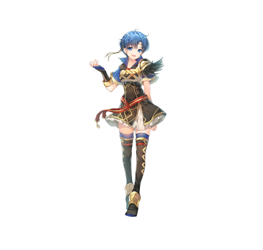 1girl absurdres alternate_costume armor bangs belt blue_eyes blue_hair blue_legwear boots breastplate commentary_request dress elbow_gloves eyebrows_visible_through_hair feather_trim fingerless_gloves fingernails fire_emblem fire_emblem:_the_binding_blade fire_emblem_heroes full_body gloves gold_trim highres looking_at_viewer miwabe_sakura official_art shanna_(fire_emblem) shiny shiny_hair short_dress short_hair short_sleeves shoulder_armor simple_background skirt smile solo thigh-highs thigh_boots white_background zettai_ryouiki