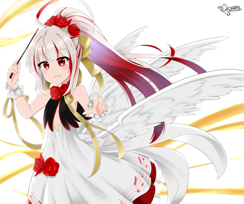 1girl ahoge alternate_costume alternate_hairstyle azur_lane commentary_request flat_chest flower hair_flower hair_ornament highres jack_(hosuhosu) long_hair looking_at_viewer multicolored_hair ponytail red_eyes simple_background sleeveless solo two-tone_hair vauquelin_(azur_lane) white_background wings