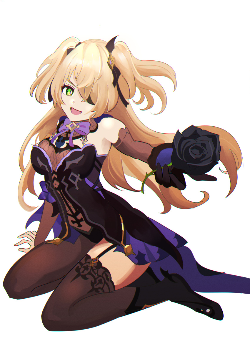 1girl absurdres arm_up armpits asymmetrical_legwear bangs black_flower black_nails black_rose blonde_hair bow breasts dress dress_bow eyelashes eyepatch fischl_(genshin_impact) flower genshin_impact gloves green_eyes hair_bow highres long_hair looking_at_viewer one_eye_covered oni-_-on open_mouth outstretched_hand purple_bow purple_dress purple_gloves purple_neckwear rose seiza simple_background sitting sleeveless sleeveless_dress small_breasts solo thigh-highs transparent_background two_side_up
