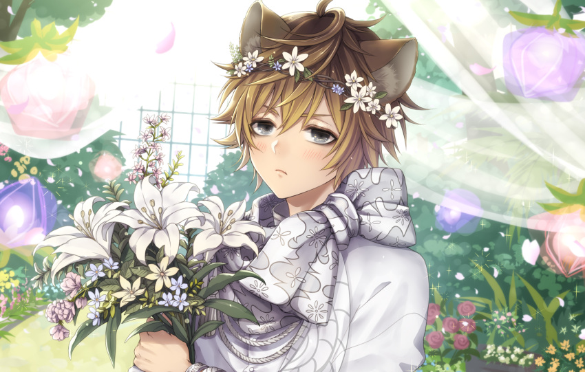 1boy animal_ears bangs blue_eyes blush brown_hair closed_mouth day falling_petals flower flower_wreath highres holding holding_flower lily_(flower) looking_at_viewer makeup male_focus official_alternate_costume outdoors petals ruggie_bucchi scarf shirt short_hair solo twisted_wonderland upper_body white_scarf white_shirt yamaneko514