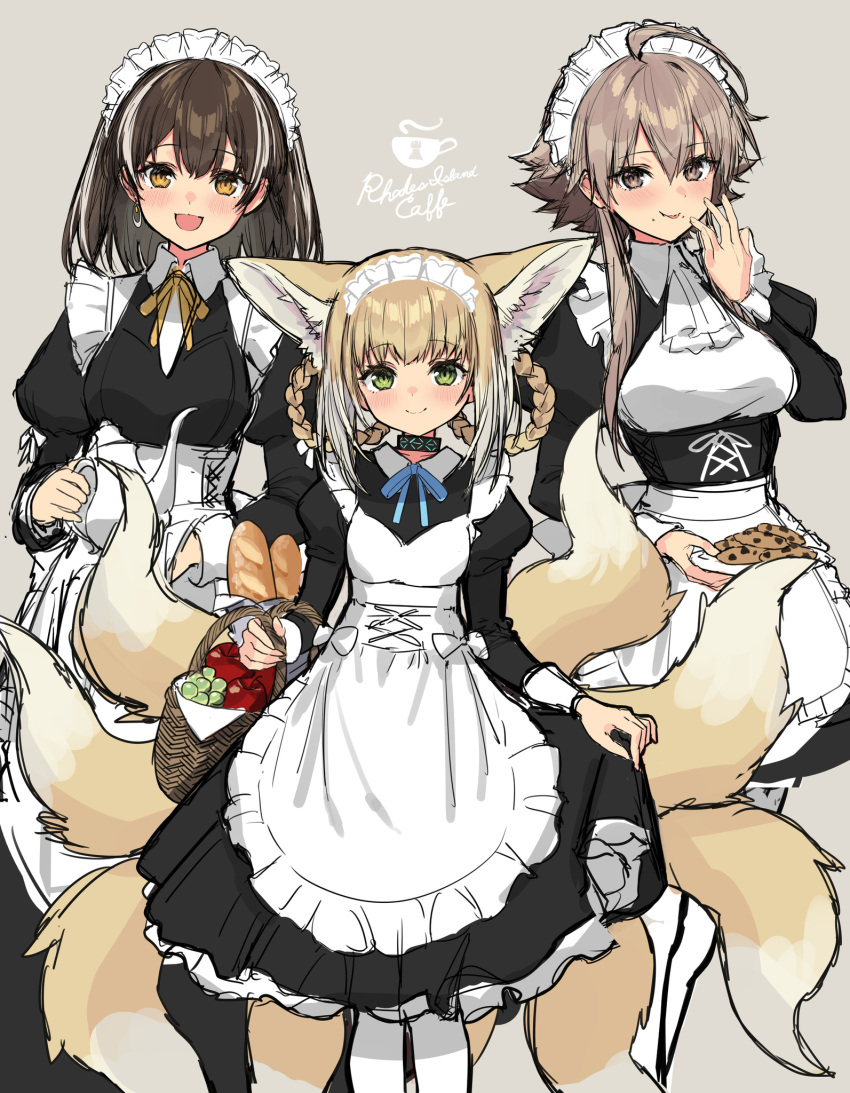 3girls :d ahoge alternate_costume animal_ears apple apron arknights ascot baguette basket black_collar black_dress blonde_hair blue_neckwear braid bread breasts brown_background brown_eyes brown_hair chinese_commentary chocolate_chip_cookie clothes_lift collar commentary_request cookie dress dress_lift earrings enmaided extra_ears eyebrows_visible_through_hair feet_out_of_frame food food_on_face fox_ears fox_girl fox_tail frilled_dress frills fruit grapes green_eyes hand_up highres holding holding_plate holding_teapot infection_monitor_(arknights) jewelry kitsune kyuubi lifted_by_self looking_at_viewer magallan_(arknights) maid maid_headdress mayer_(arknights) medium_breasts multicolored_hair multiple_girls multiple_tails neck_ribbon open_mouth pantyhose plate ribbon short_hair sidelocks sigm@ simple_background small_breasts smile standing straight-on streaked_hair suzuran_(arknights) tail teapot tongue tongue_out white_apron white_hair white_legwear white_neckwear yellow_eyes yellow_neckwear