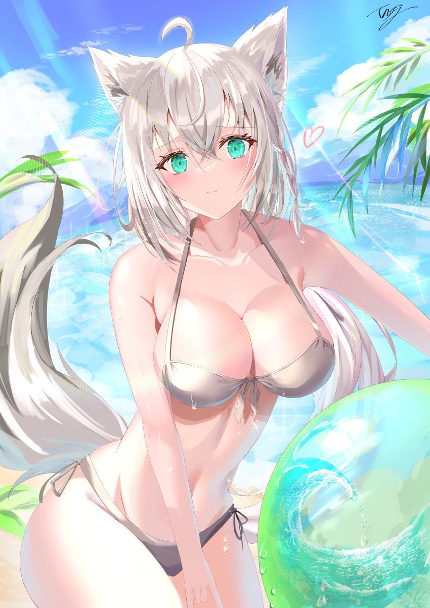 1girl absurdres animal_ears ball bangs bikini black_bikini blush braid breasts clouds cloudy_sky collarbone commentary_request day eyebrows_visible_through_hair fox_ears fox_girl fox_tail green_eyes hair_between_eyes heart highres hololive long_hair looking_at_viewer medium_breasts navel ocean palm_leaf shirakami_fubuki side-tie_bikini sidelocks signature single_braid sky solo swimsuit tail tonasegaill virtual_youtuber white_hair