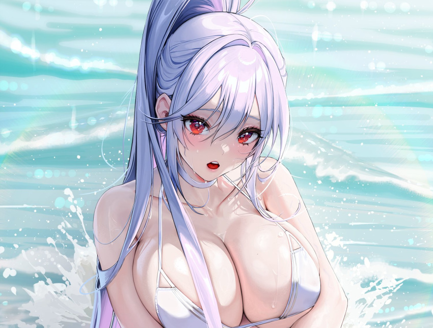 1girl absurdly_long_hair bare_shoulders barefoot bikini breasts closers commentary_request dore_(gilles_dore) fingernails full_body gradient_hair hair_between_eyes kneeling large_breasts long_hair mirae_(closers) multicolored_hair nail_polish open_mouth outdoors pixiv ponytail purple_hair red_eyes silver_hair sitting solo summer swimsuit thighs toenail_polish toenails toes very_long_hair wet white_bikini