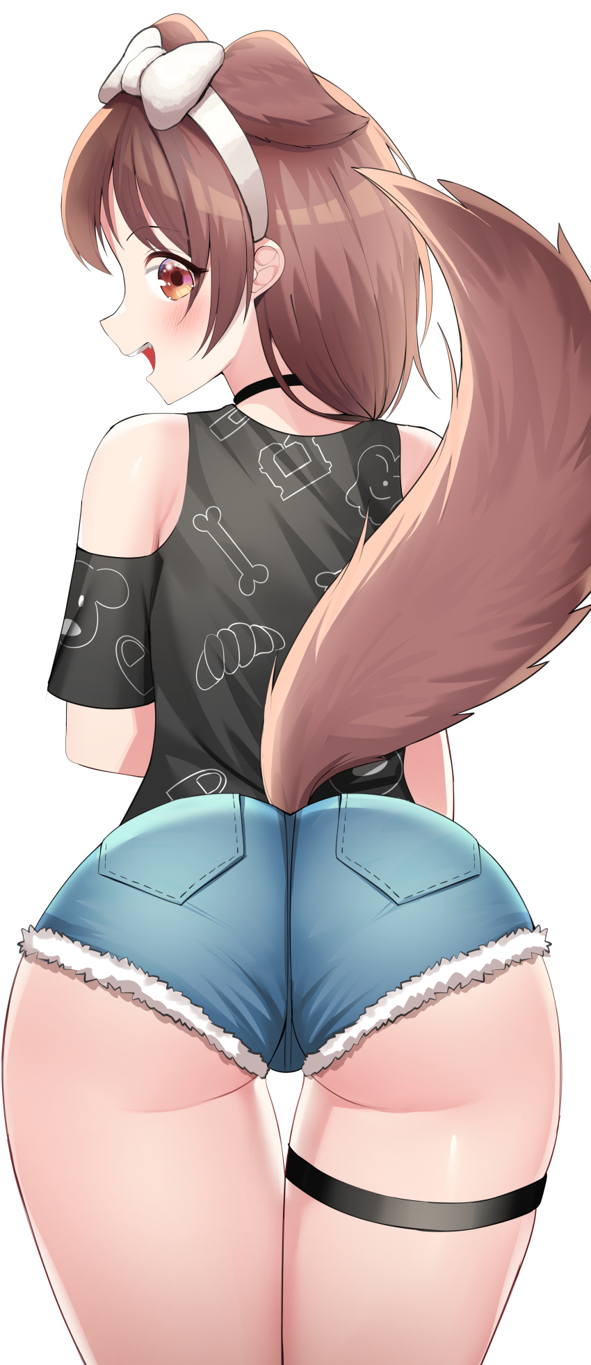 1girl :d absurdres animal_ears ass bangs black_choker black_shirt blue_shorts blush bow bow_hairband brown_eyes brown_hair choker clothing_cutout commentary_request cowboy_shot dog_ears dog_girl dog_tail eyebrows_visible_through_hair from_behind hairband highres hololive inugami_korone long_hair looking_at_viewer looking_back micro_shorts neko_lu_(wofud453) official_alternate_costume open_mouth print_shirt profile shirt short_sleeves shorts shoulder_cutout smile solo standing tail tail_raised virtual_youtuber white_bow white_hairband