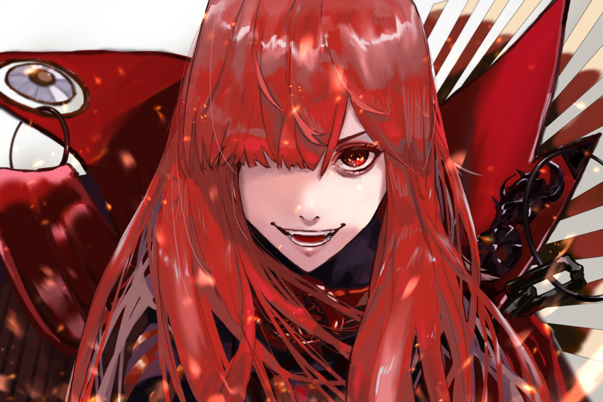 1girl :d fate/grand_order fate_(series) grin hair_over_one_eye high_collar kdm_(ke_dama) long_hair looking_at_viewer oda_nobunaga_(fate) oda_nobunaga_(maou_avenger)_(fate) one_eye_covered open_mouth portrait red_eyes red_theme redhead simple_background smile solo white_background