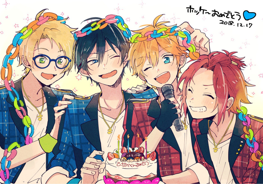 4boys akehoshi_subaru black_hair blonde_hair blue_eyes cake closed_eyes ensemble_stars! food green_eyes grin hidaka_hokuto highres isara_mao jacket male_focus mitobinyo multiple_boys one_eye_closed orange_hair plaid plaid_jacket short_hair smile trickstar_(ensemble_stars!) yuuki_makoto_(ensemble_stars!)