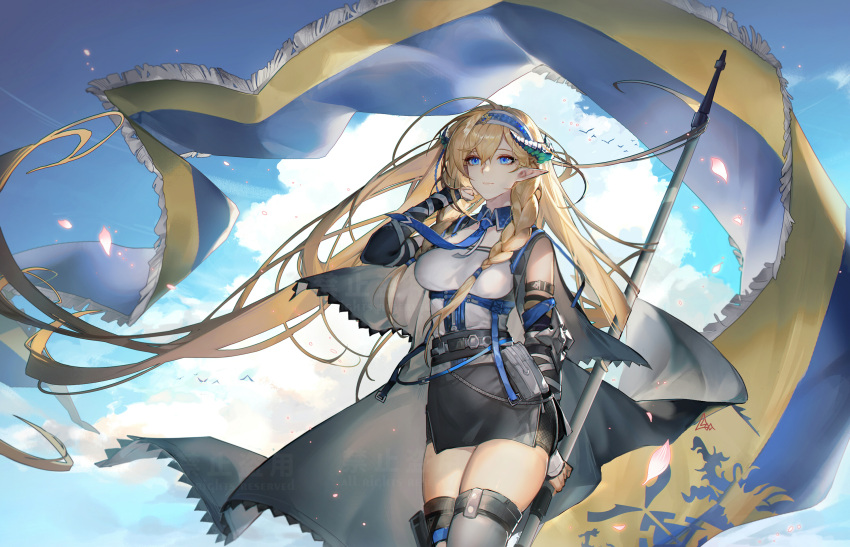 1girl arknights banner bare_shoulders belt belt_pouch black_gloves black_skirt blonde_hair blue_eyes blue_hairband blue_neckwear blue_sky braid breasts closed_mouth clouds day detached_collar dragon_horns elbow_gloves elbow_pads fingerless_gloves floating_hair fringe_trim gloves grey_legwear hairband highres holding horns long_hair medium_breasts miniskirt necktie outdoors petals pointy_ears pouch saileach_(arknights) signature skindentation skirt sky smile solo spade-m thigh-highs twin_braids underbust very_long_hair watermark wind zettai_ryouiki