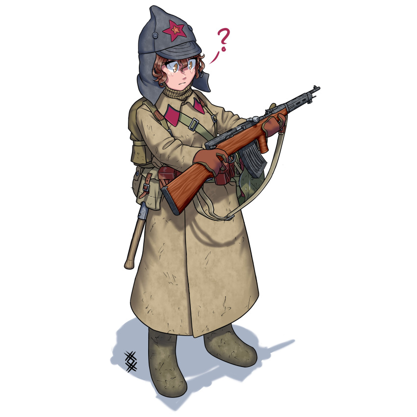 1girl ? absurdres backpack bag bangs boots brown_eyes brown_gloves brown_hair budenovka closed_mouth coat fedorov_avtomat full_body gloves green_coat green_footwear grey_headwear gun hair_between_eyes hat highres holding holding_gun holding_weapon long_sleeves looking_at_object medium_hair military military_coat military_hat military_uniform original ostwindprojekt shadow shovel simple_background solo soviet soviet_army uniform wavy_hair weapon white_background