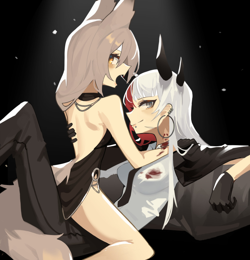 2girls absurdres animal_ears backless_dress backless_outfit biting black_background black_dress black_gloves black_jacket black_pants blood blood_on_clothes blood_on_face breasts collared_shirt demon_girl dress ear_piercing earrings fenrir_(ghost_(tama)) from_side ghost_(tama) gloves highres hoop_earrings horns jacket jacket_on_shoulders jewelry lip_piercing medium_breasts multicolored_hair multiple_girls multiple_horns neck_biting open_mouth original pants piercing redhead shirt sitting sitting_on_person smile streaked_hair white_shirt wolf_ears wolf_girl yellow_eyes