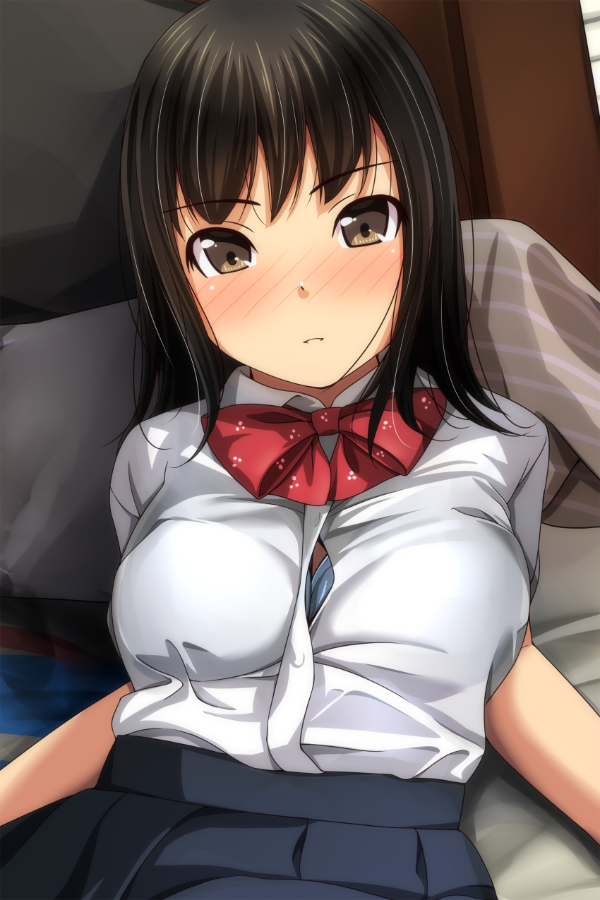 1girl absurdres bangs black_hair black_skirt blue_bra blush bra breasts brown_eyes collared_shirt dress_shirt eyebrows_visible_through_hair highres looking_at_viewer lying matsunaga_kouyou medium_breasts nose_blush on_back original parted_lips pleated_skirt shirt short_sleeves skirt solo underwear white_shirt