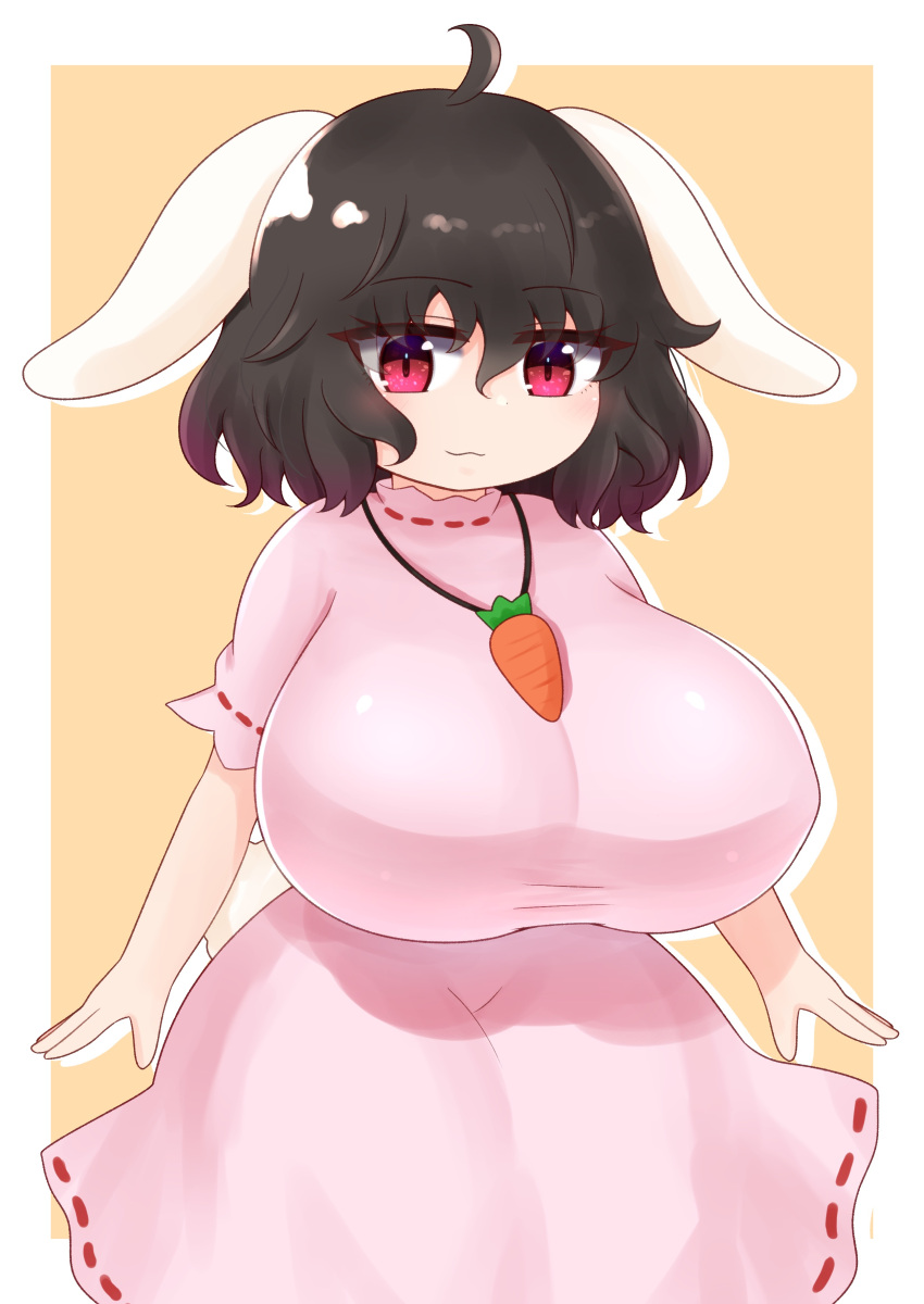 1girl absurdres ahoge alternate_breast_size animal_ears breasts brown_hair carrot_necklace curvy dress highres huge_breasts inaba_tewi light_smile no_nose oppai_loli pink_dress rabbit_ears rabbit_tail red_eyes riru_neko short_hair shortstack solo tail taut_clothes taut_dress touhou