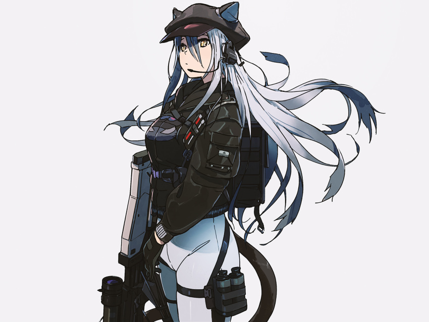 1girl animal_ears arknights arrow_(projectile) backpack bag black_bag black_gloves black_headwear black_jacket closed_mouth crossbow flashbang gloves grey_gloves grey_hair hair_between_eyes hat highres holding holding_crossbow holding_weapon hood hood_down hooded_jacket jacket long_hair microphone multicolored multicolored_clothes multicolored_gloves pouch schwarz_(arknights) solo tail thigh_strap two-tone_gloves uki_atsuya weapon yellow_eyes