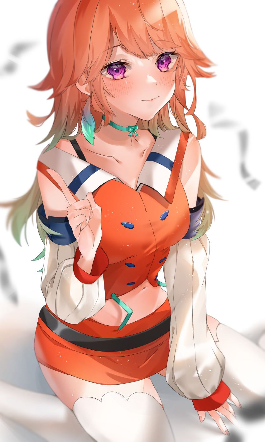 1girl absurdres awaki224 bangs blush breasts choker closed_mouth collarbone commentary_request detached_sleeves gradient_hair green_hair highres hololive hololive_english index_finger_raised long_hair looking_at_viewer midriff miniskirt multicolored_hair navel no_hat no_headwear orange_hair orange_shirt orange_skirt shirt skirt solo takanashi_kiara thigh-highs two-tone_hair violet_eyes virtual_youtuber white_legwear