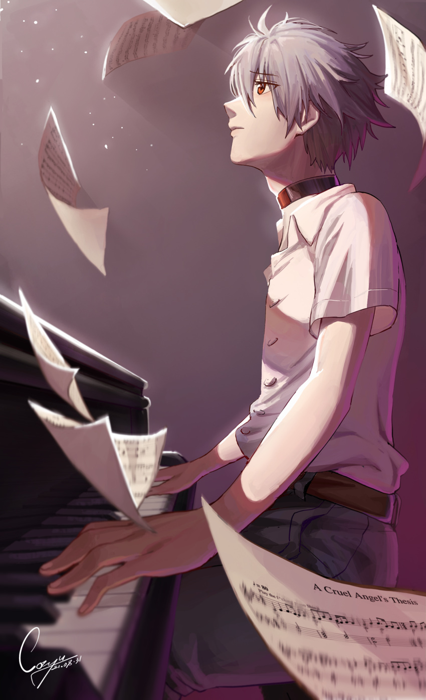 1boy absurdres closed_mouth cozyu dated from_side grey_hair grey_pants hair_between_eyes highres instrument male_focus music nagisa_kaworu neon_genesis_evangelion pants piano playing_instrument profile rebuild_of_evangelion red_eyes shirt short_hair signature sitting solo white_shirt