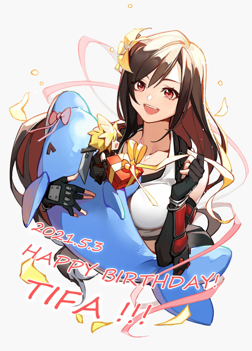 1girl arm_guards bow box brown_hair collarbone crop_top crow0cc dated dolphin final_fantasy final_fantasy_vii final_fantasy_vii_remake fingerless_gloves flower gift gift_box gloves hair_flower hair_ornament happy happy_birthday highres lily_(flower) long_hair open_mouth pink_bow red_eyes ribbon solo stuffed_animal stuffed_toy suspenders tank_top tifa_lockhart unwrapping upper_body white_background white_tank_top