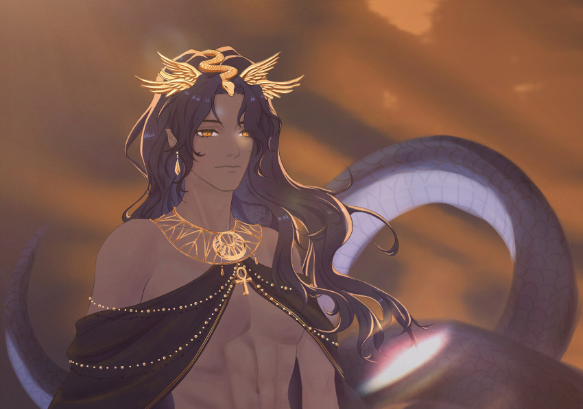 1boy absurdres angel ankh azik_eggers bare_pectorals black_hair chinese_commentary commentary_request crown dark_skin earrings gold_earrings gold_necklace highres jewelry long_hair looking_at_viewer lord_of_the_mysteries necklace pectorals scales shanque574 slit_pupils snake_tail solo sunlight tail wings yellow_eyes