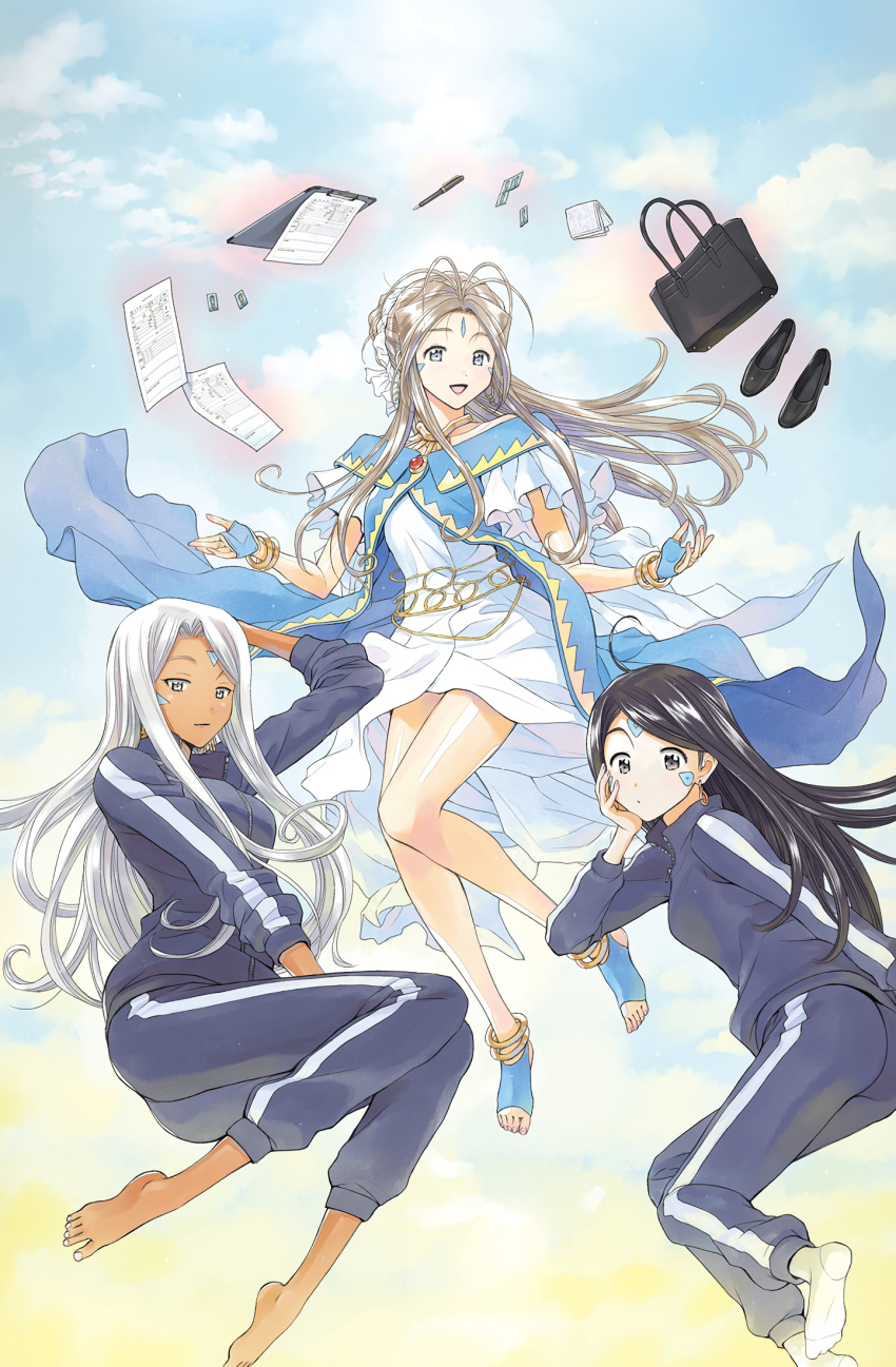 3girls aa_megami-sama aa_shuukatsu_no_megami-sama aa_shūkatsu_no_megami-sama antenna_hair bag bangs belldandy black_hair brown_hair collar dark_skin dress facial_mark floating_hair handbag high_heels highres multiple_girls pen skuld_(aa_megami-sama) track_suit urd_(aa_megami-sama) wallet white_hair yoshizuki_kumichi