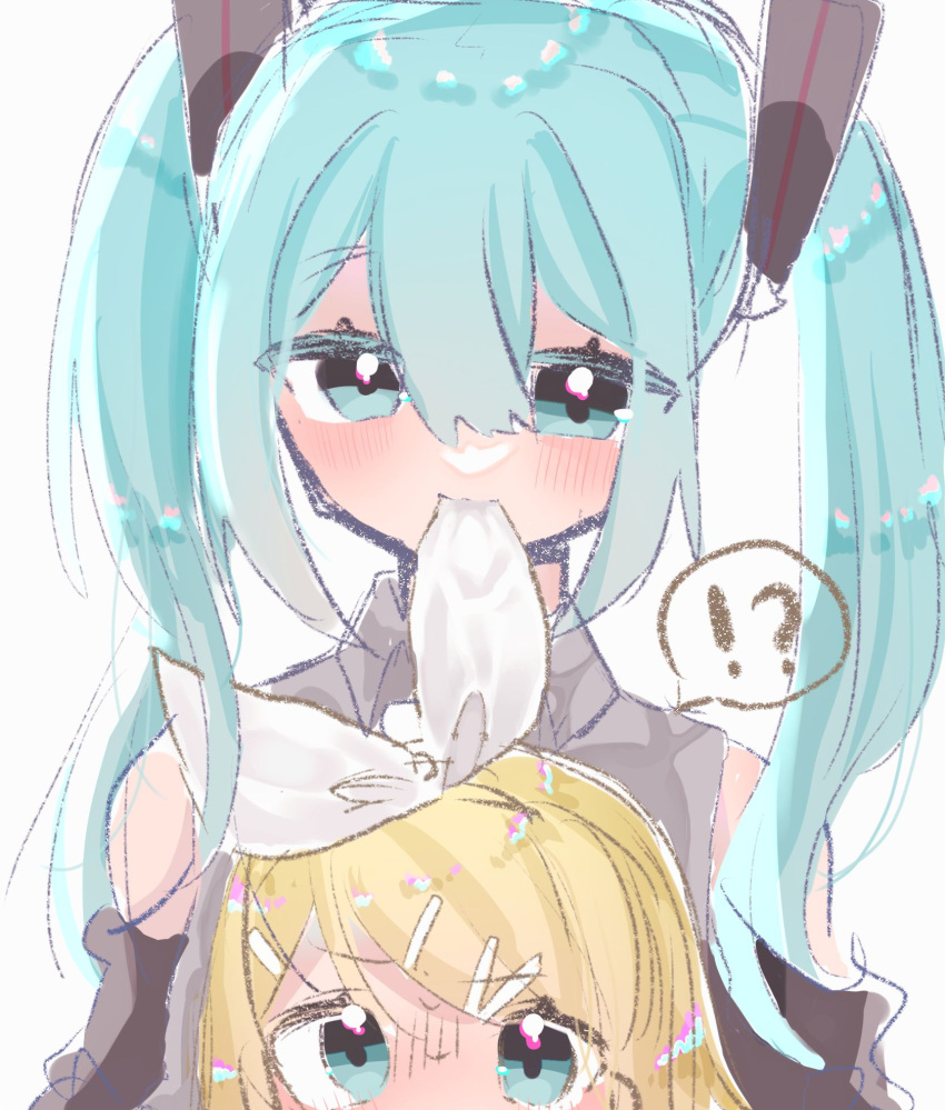 !? 2girls ao_kotoha aqua_eyes aqua_hair bare_shoulders black_sleeves blonde_hair blush bow commentary detached_sleeves grey_shirt hair_bow hair_ornament hairclip hatsune_miku highres kagamine_rin long_hair looking_at_another looking_down looking_up mouth_hold multiple_girls shirt sketch sleeveless sleeveless_shirt speech_bubble spoken_interrobang twintails upper_body vocaloid white_background white_bow