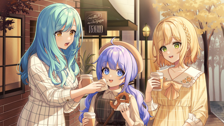 3girls :d ahoge bangs beret blonde_hair blue_eyes blue_hair braid breasts brick_wall brown_dress brown_eyes brown_headwear coffee_cup collared_dress collared_shirt commentary_request cup day disposable_cup dress dress_shirt eyebrows_visible_through_hair food frilled_shirt_collar frills green_eyes hat highres holding holding_cup holding_food karokuchitose lamppost large_breasts long_hair low_twintails moira_(nijisanji) mole mole_under_mouth multiple_girls nijisanji open_mouth outdoors plaid plaid_dress pretzel shirt sleeveless sleeveless_dress smile suzuya_aki tree twintails upper_teeth very_long_hair white_dress white_shirt window yellow_dress yuuki_chihiro