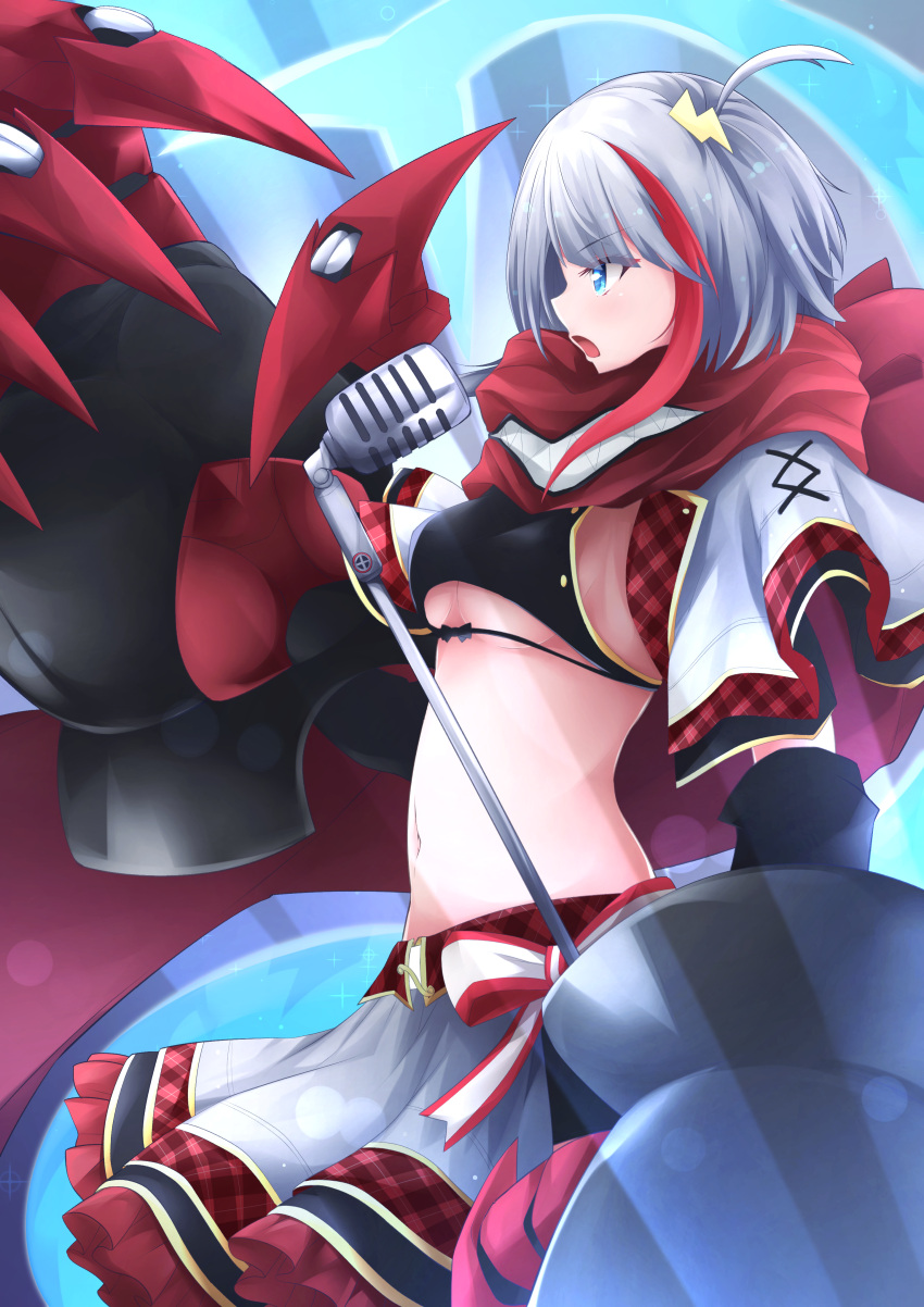1girl absurdres admiral_graf_spee_(azur_lane) admiral_graf_spee_(ironblood_cutie)_(azur_lane) azur_lane breasts claws clothing_cutout fish_tail highres idol light_blue_eyes looking_to_the_side mechanical_arms mechanical_hands microphone midriff miniskirt multicolored_hair music osatou_(soul_of_sugar) red_scarf scarf shark_tail short_hair singing skirt small_breasts solo streaked_hair tail underboob_cutout white_hair