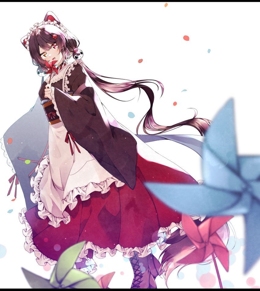 1girl absurdres animal_ears apron brown_hair brown_kimono choker dog_ears dog_girl dog_hair_ornament fangs fangs_out frills hair_ornament heterochromia highres inui_toko japanese_clothes kimono long_hair low_twintails maid_headdress nijisanji pinwheel shigure_(sigre) solo twintails virtual_youtuber wa_maid wide_sleeves