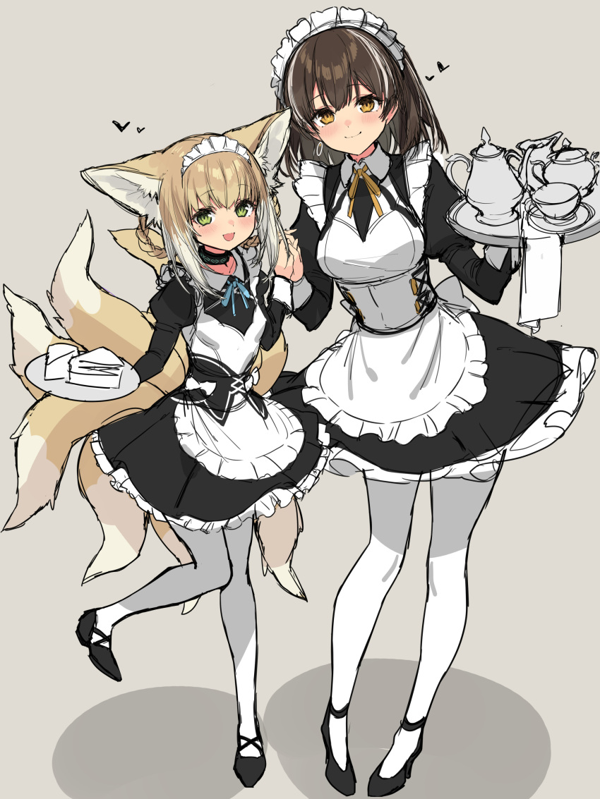 2girls :d absurdres alternate_costume animal_ears apron arknights black_dress black_footwear blonde_hair blue_neckwear blush braid breasts brown_hair cake cake_slice chinese_commentary collar collared_dress commentary_request dress earrings enmaided eyebrows_visible_through_hair food fox_ears fox_girl fox_tail full_body green_eyes grey_background hair_between_eyes hands_up heart height_difference highres holding holding_hands holding_plate interlocked_fingers jewelry kitsune kyuubi looking_at_viewer magallan_(arknights) maid maid_headdress medium_breasts multicolored_hair multiple_girls multiple_tails neck_ribbon open_mouth pantyhose plate ribbon shoes short_hair sigm@ simple_background sketch small_breasts smile standing standing_on_one_leg streaked_hair suzuran_(arknights) tail tray white_apron white_collar white_hair white_headdress white_legwear yellow_eyes yellow_neckwear