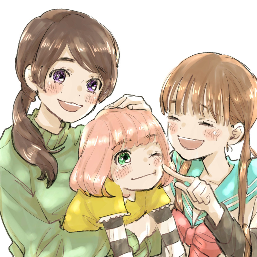 3girls arms_around_waist bangs blue_sailor_collar blunt_bangs blush_stickers bob_cut brown_hair cheek_poking closed_eyes dot_nose eyebrows_visible_through_hair eyelashes finger_to_another's_cheek fingernails furrowed_brow green_eyes green_sweater hand_on_another's_head hand_up happy highres holding index_finger_raised kawamoto_akari kawamoto_hinata kawamoto_momo laughing layered_sleeves lineup long_sleeves multiple_girls neck_ribbon one_eye_closed open_mouth orange_hair parted_bangs poking red_ribbon ribbon sailor_collar sakakibara721 sangatsu_no_lion shirt short_over_long_sleeves short_sleeves siblings side_ponytail simple_background sisters smile striped striped_sleeves sweater tareme teeth turtleneck turtleneck_sweater twintails upper_body upper_teeth violet_eyes white_background yellow_shirt