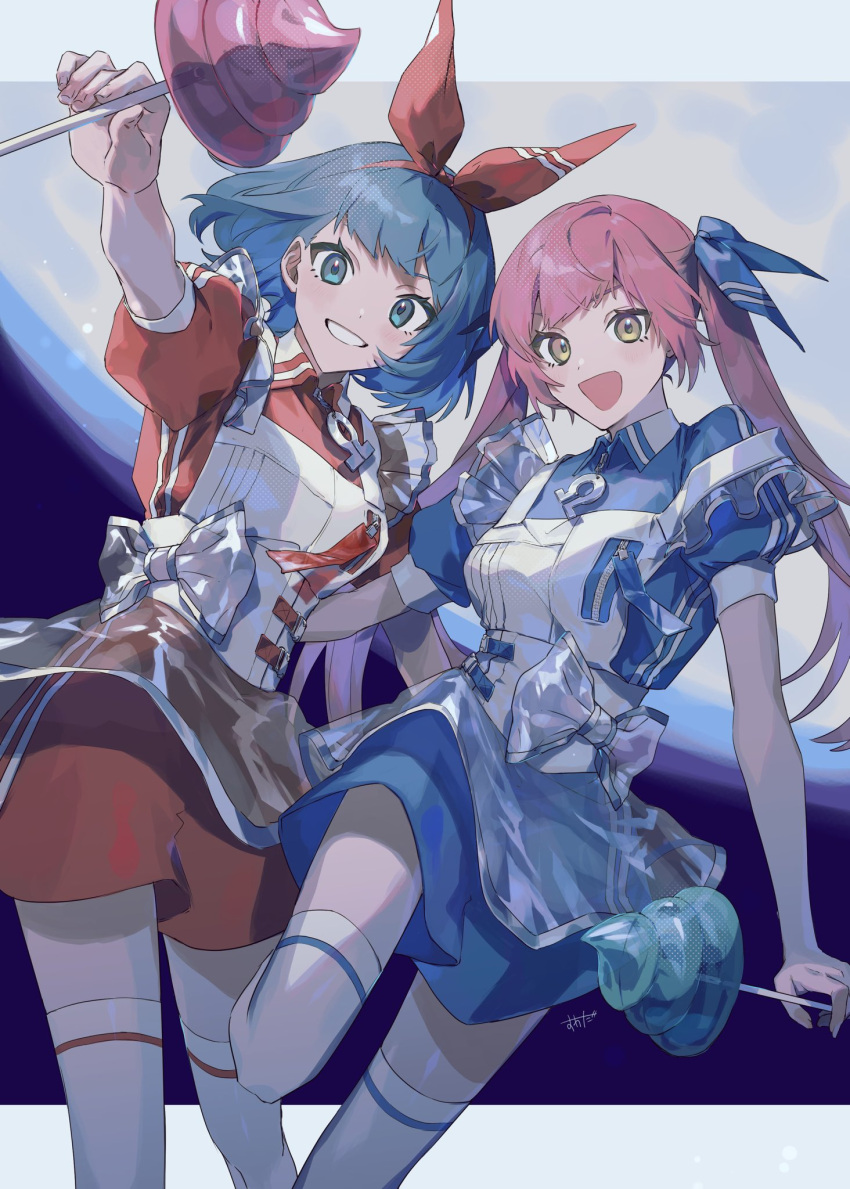 2girls apron aqua_eyes bangs blue_hair bow candy dress feet_out_of_frame food hair_bow hair_ribbon highres holding holding_food long_hair moon multiple_girls omega_rei omega_rio omega_sisters omega_symbol open_mouth pink_hair puffy_short_sleeves puffy_sleeves ribbon see-through short_hair short_sleeves signature smile suwada thigh-highs twintails virtual_youtuber yellow_eyes