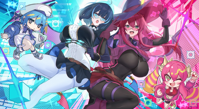 4girls ankle_boots blue_eyes blue_hair blush boots breasts covered_navel dual_persona duel_monster from_below gloves green_eyes hat high_heels highres ki-sikil_(yu-gi-oh!) large_breasts large_hat lil-la_(yu-gi-oh!) long_sleeves looking_at_viewer multiple_girls open_mouth pants purple_gloves purple_headwear redhead skindentation smile thighs v white_pants witch_hat xiujia_yihuizi yu-gi-oh!