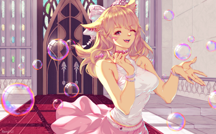 animal_ears bangs blonde_hair bow bracelet breasts bubble cat_ears cat_tail commission cowboy_shot earrings eyebrows_visible_through_hair fangs final_fantasy final_fantasy_xiv hair_bow halterneck highres jewelry long_hair looking_at_viewer medium_breasts miqo'te one_eye_closed open_mouth rain_(ranqili) red_eyes skirt sleeveless tail