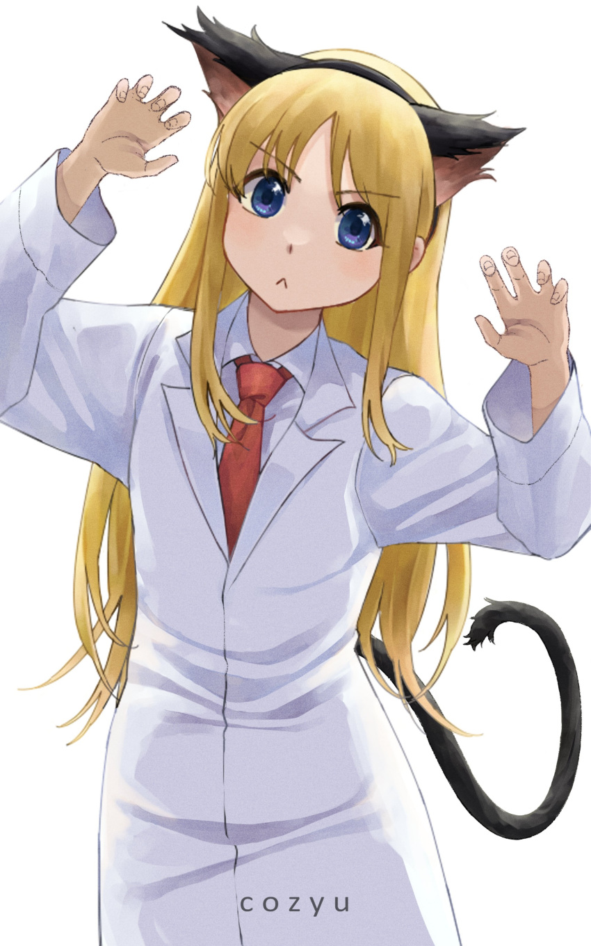 1girl :&lt; absurdres animal_ears black_hairband blonde_hair blue_eyes cat_ears character_name claw_pose closed_mouth cozyu fake_animal_ears hairband hands_up highres labcoat long_hair looking_at_viewer necktie nichijou professor_shinonome red_neckwear simple_background solo very_long_hair white_background