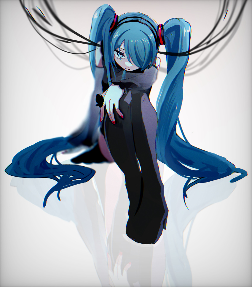 1girl absurdres alternate_color android aqua_neckwear azu_(azukagamine) bare_shoulders black_legwear black_shirt black_skirt blue_eyes blue_hair boots cable commentary detached_sleeves hair_ornament hand_on_own_knee hatsune_miku hatsune_miku_(nt) highres huge_filesize knees_up layered_sleeves legs_together long_hair miniskirt neck_ribbon piapro pleated_skirt red_nails reflection ribbon shirt shoulder_tattoo sitting skirt sleeveless sleeveless_shirt solo tattoo thigh-highs thigh_boots twintails very_long_hair vocaloid white_sleeves zettai_ryouiki