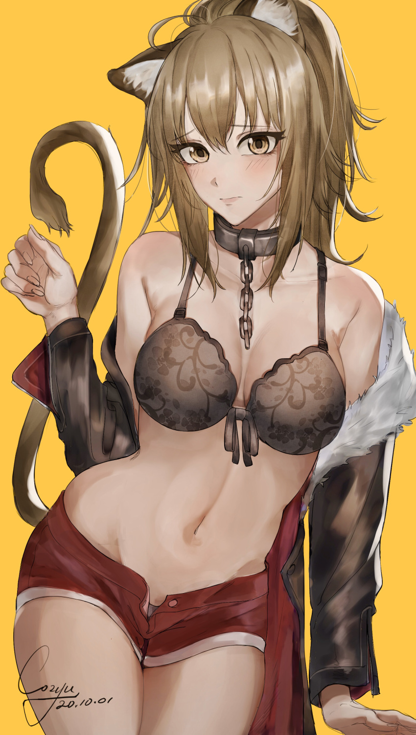 1girl absurdres animal_ears arknights blonde_hair blush bra breasts chain closed_mouth collar commentary cowboy_shot cozyu dated english_commentary front-tie_bra grey_bra grey_jacket hand_up highres jacket large_breasts lion_ears lion_tail long_hair long_sleeves looking_at_viewer metal_collar micro_shorts navel off_shoulder open_clothes open_shorts red_shorts shorts siege_(arknights) signature simple_background solo tail tail_raised underwear yellow_background yellow_eyes